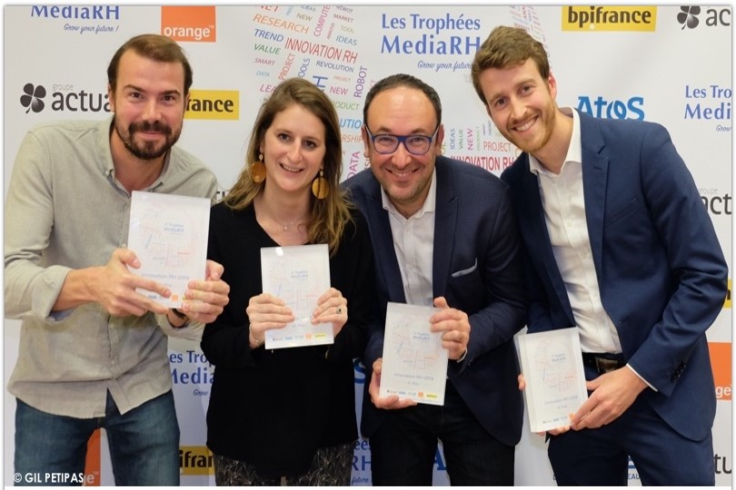Trophées MediaRH - Représentants des startup récompensées en 2019 - De gauche à droite : Moodwork, TeamStarter, D'un seul geste, Unow